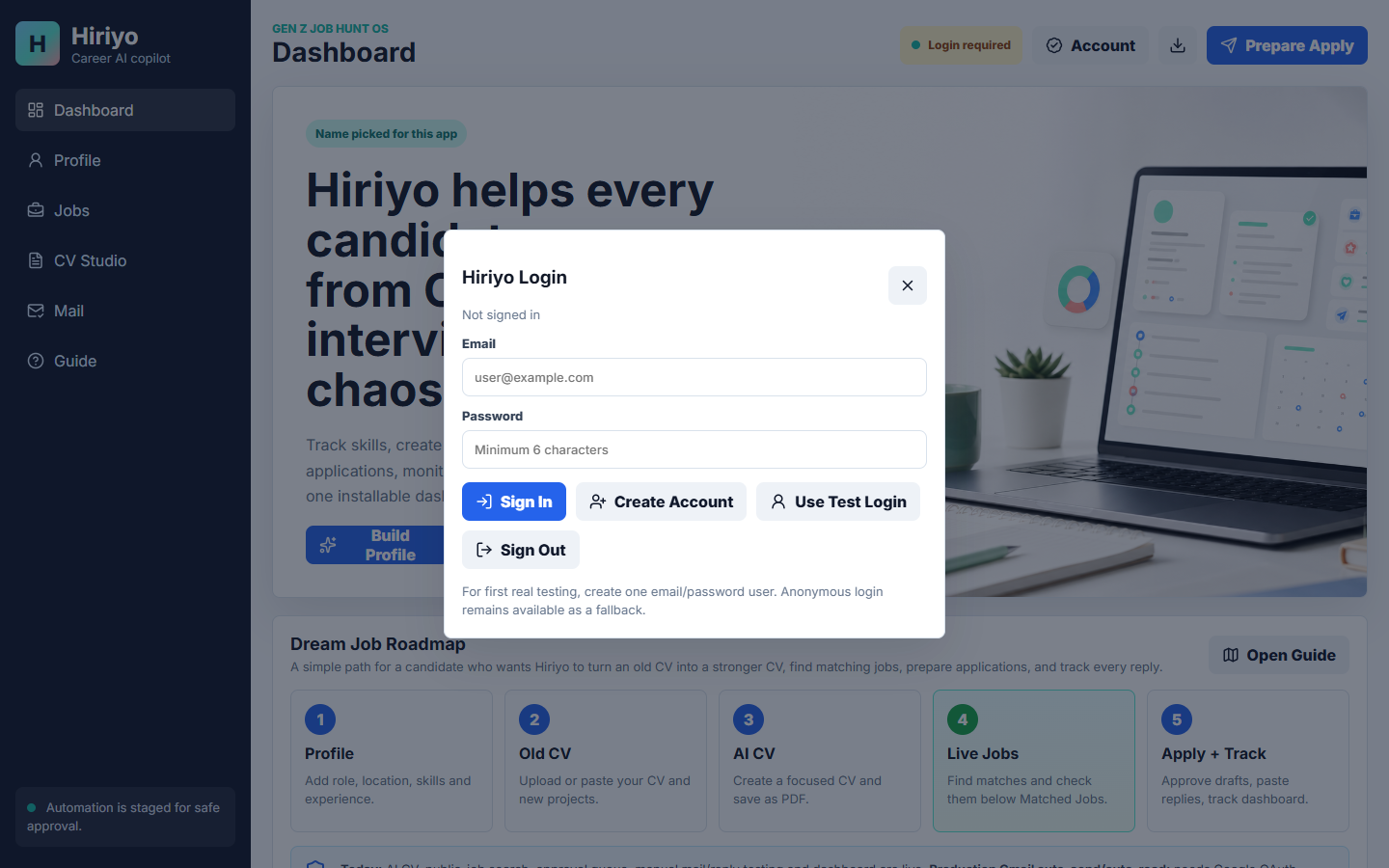 Hiriyo AI career copilot dashboard